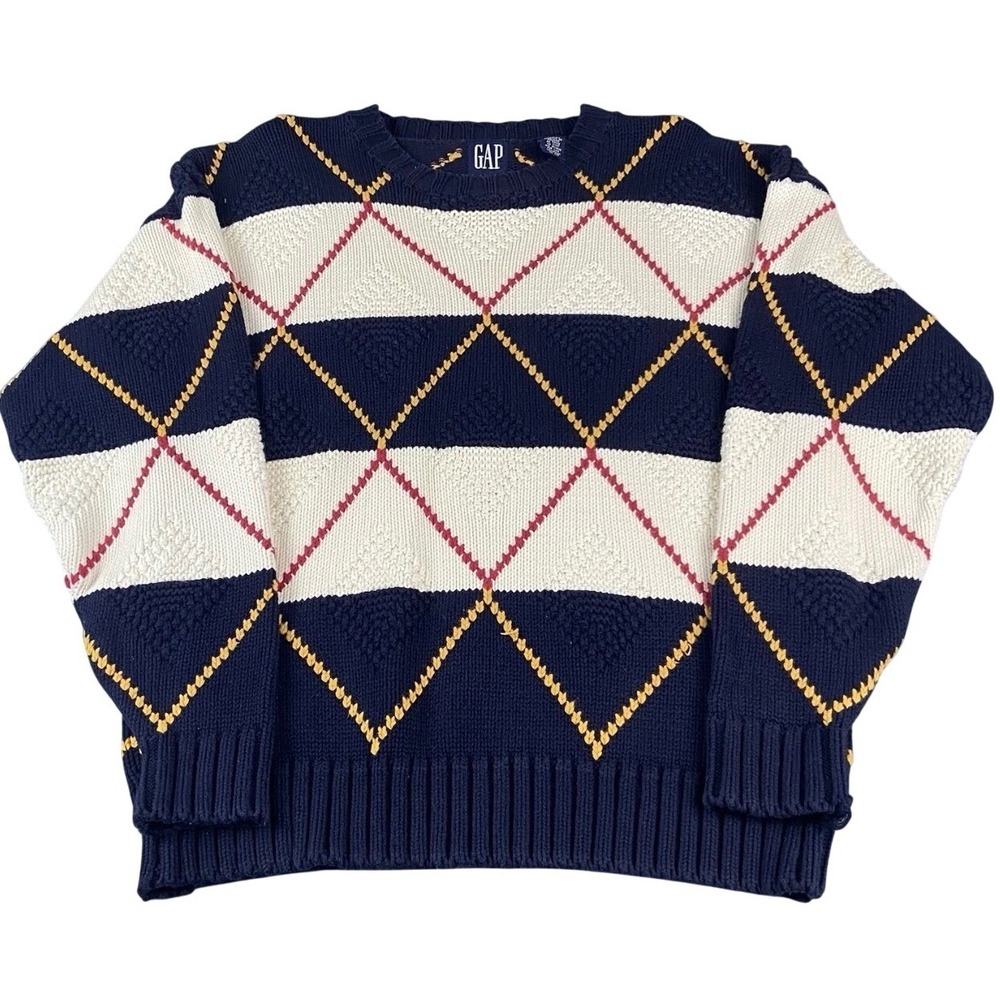 Women's GAP Blue Gold Argyle Crewneck Preppy Academia Cotton Sweater Vtg. Large